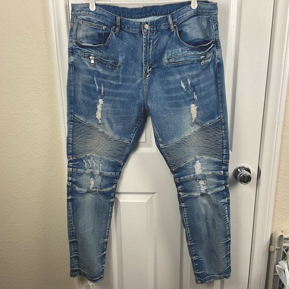 Pre-Owned DOPE (Buckle) Men’s Acid Washed Distressed Denim Motto Jeans, Size 40R
